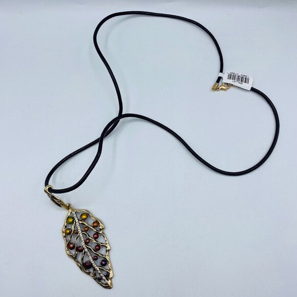 Ballet Large Leaf Pendant Necklace 32” Brown Green Goldtone New - Picture 1 of 4